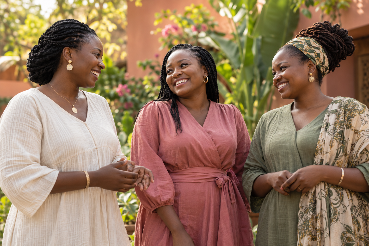 Illustrative image of three women sharing a peaceful moment in a sunlit garden
